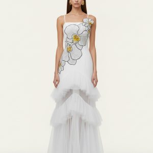 Orchid Embroidered Ruffled Tulle Strapless Maxi Dress - White