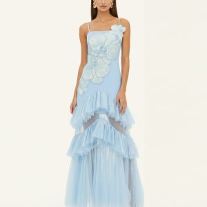 Orchid Embroidered Ruffled Tulle Strapless Maxi Dress - Light Blue