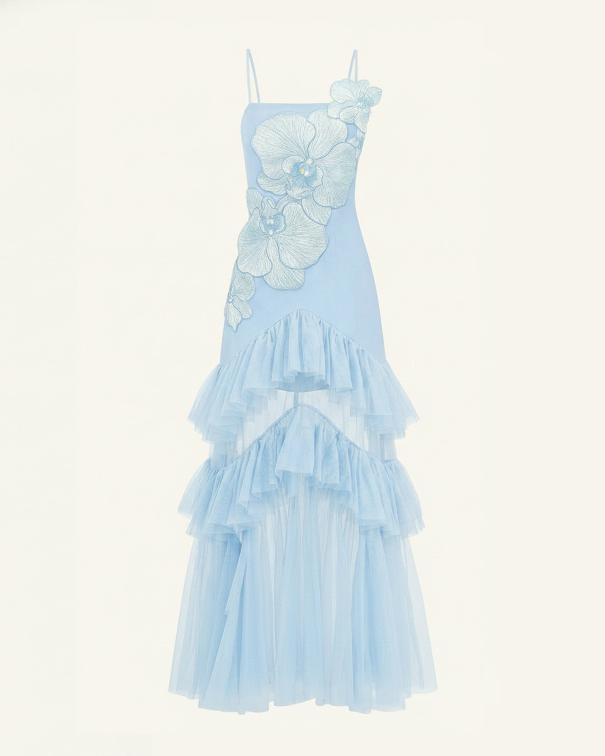 Orchid Embroidered Ruffled Tulle Strapless Maxi Dress - Light Blue - Image 3