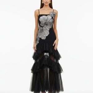 Orchid Embroidered Ruffled Tulle Strapless Maxi Dress - Black