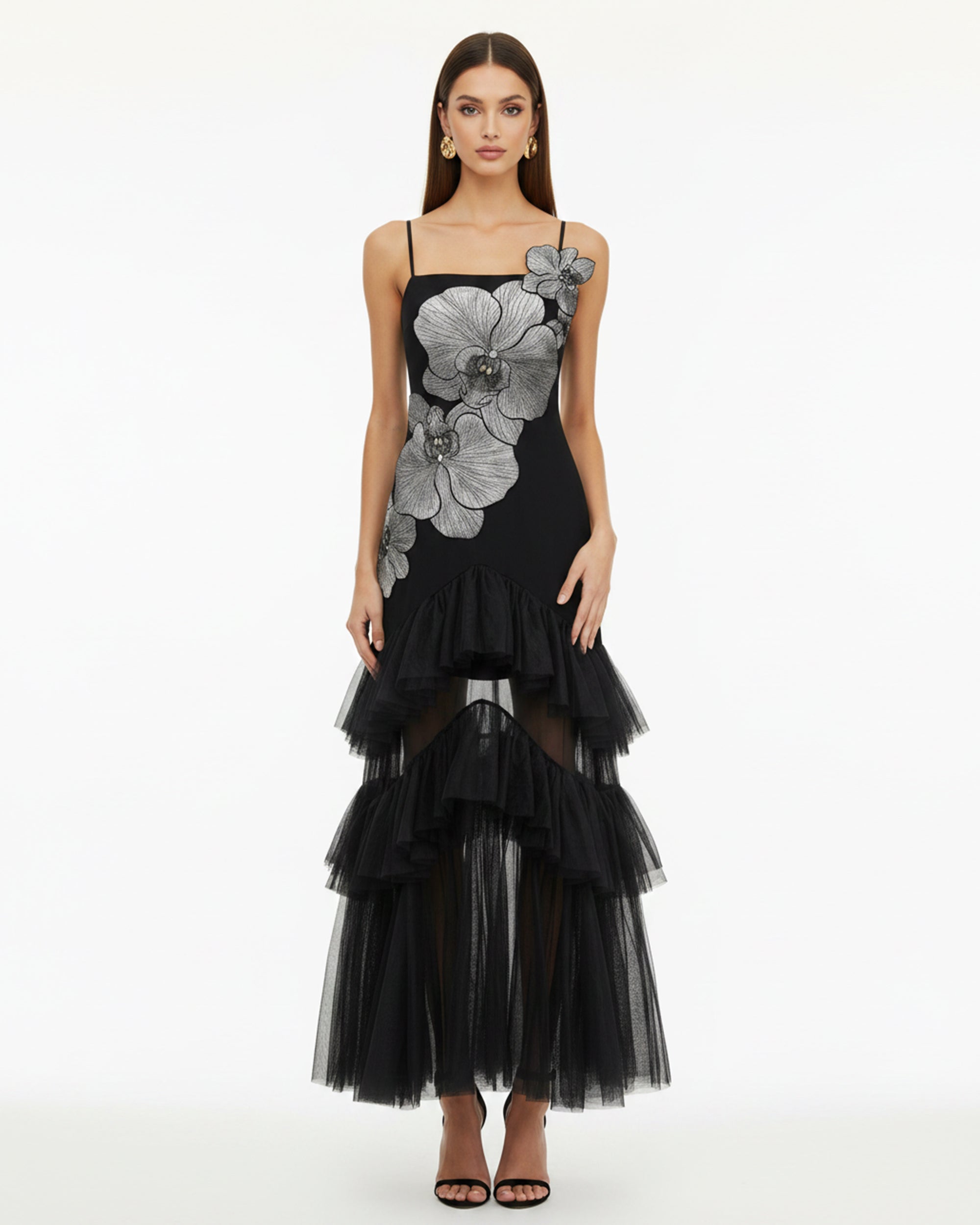 Orchid Embroidered Ruffled Tulle Strapless Maxi Dress - Black