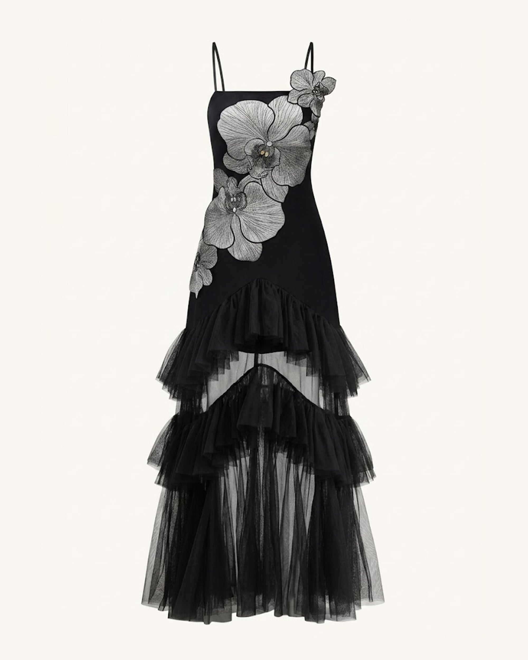 Orchid Embroidered Ruffled Tulle Strapless Maxi Dress - Black - Image 3