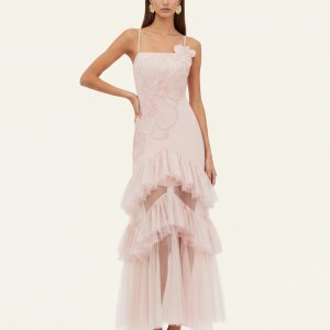 Orchid Embroidered Ruffled Tulle Strapless Maxi Dress - Blush Pink