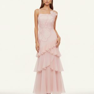 Orchid Embroidered Ruffled One-Shoulder Maxi Dress - Blush Pink