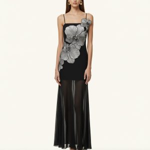 Orchid Embroidered Strappy Sheer Maxi Dress - Black
