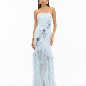 Orchid Embroidered Ruffled Strapless Maxi Dress - Light Blue