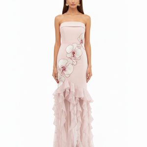 Orchid Embroidered Ruffled Strapless Maxi Dress - Blush Pink