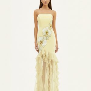 Orchid Embroidered Ruffled Strapless Maxi Dress - Pale Yellow