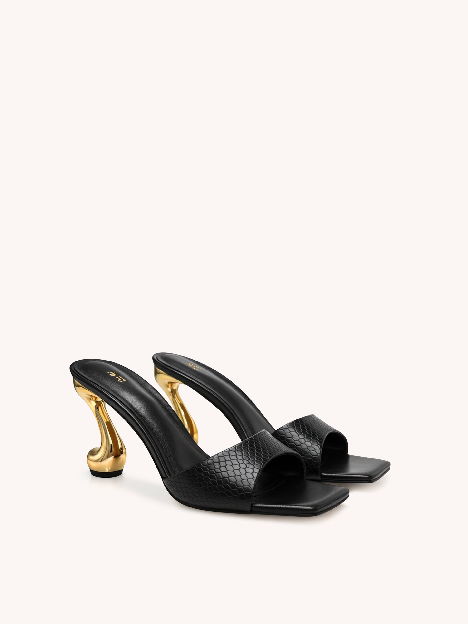 Hannah Faux Snakeskin Heel Mules - Black - Image 2
