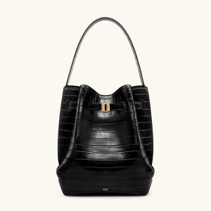 Clara Lock Accent Bucket Shoulder Bag - Black Croc