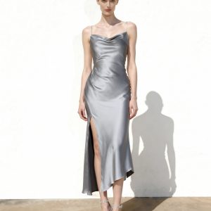 Liquid Satin Cowl-Slit Gown - Silver