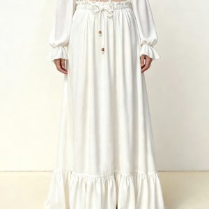 Drawstring Chiffon Maxi Skirt - White