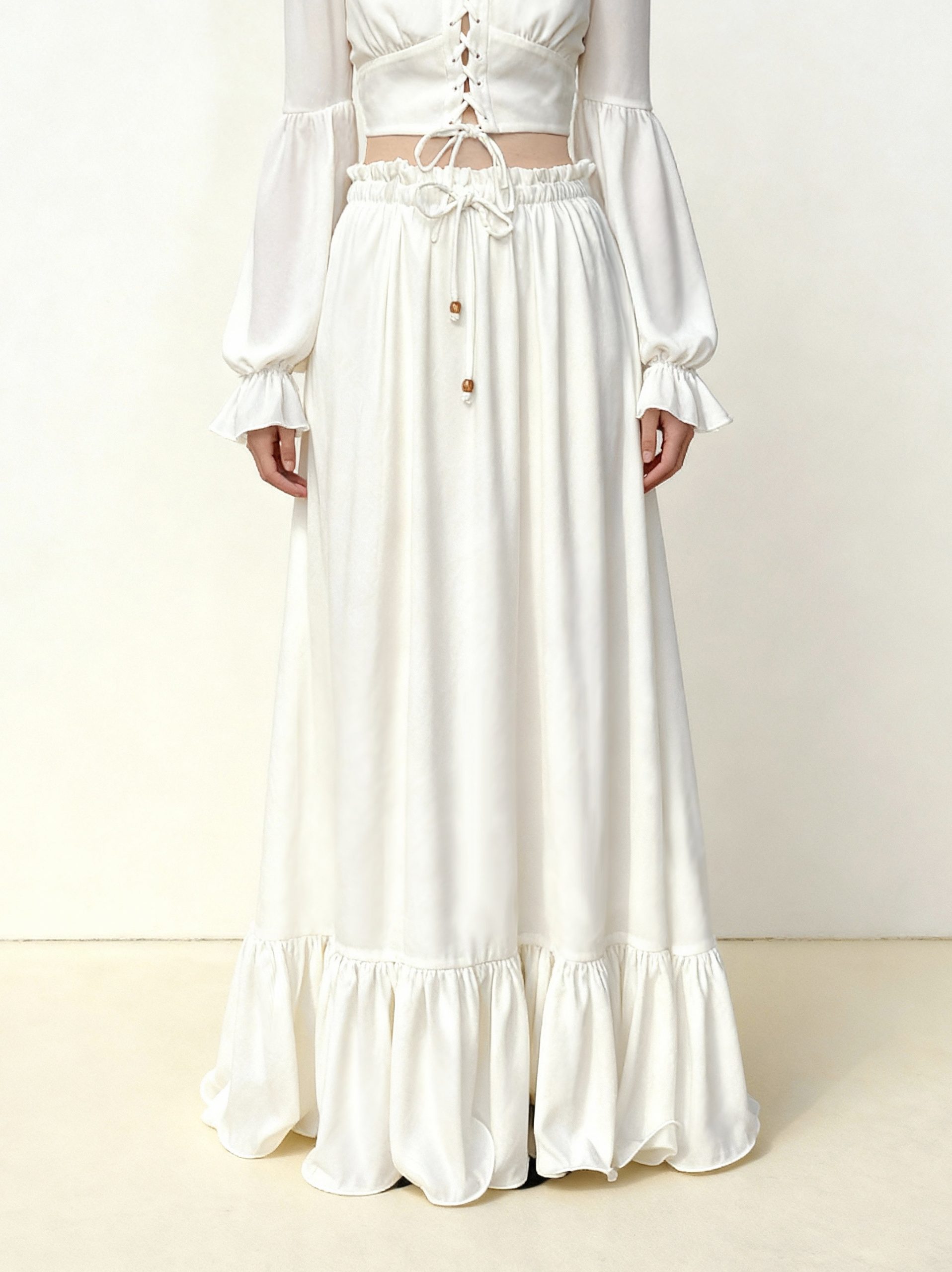 Drawstring Chiffon Maxi Skirt - White