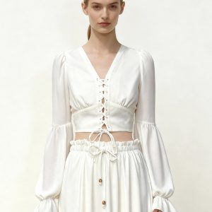 Chiffon Lantern-Sleeve Tie-Front Cropped Blouse - White