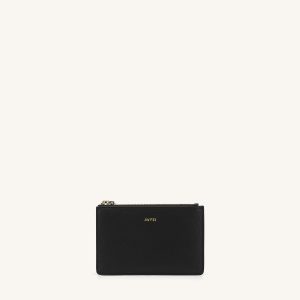 Quinn Zipped Card Holder- Black Grained Vegan Leather