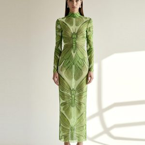 Emerald Dragonfly Sheer Mesh Gown - Green