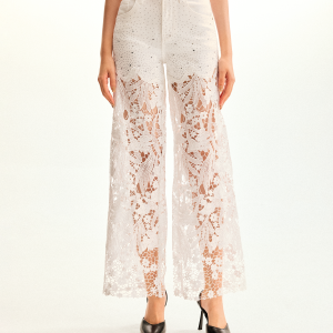 Embroidery High Rise Wide Leg Lace Denim Jeans With Rhinestone - White
