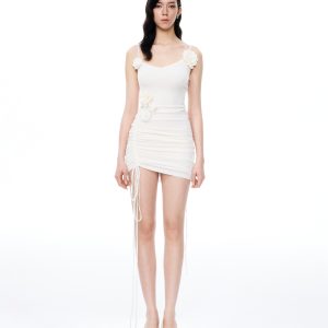 Luciana 3D Floral Pleats Mini Dress - White