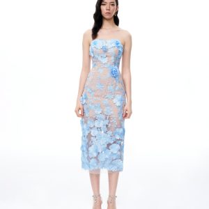 Evander 3D Floral Embroidered Maxi Dress - Blue