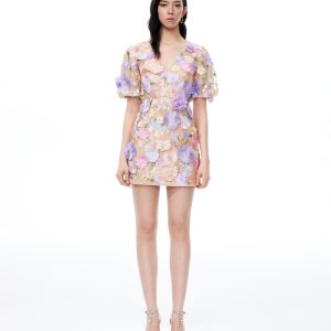 Evangeline 3D V-Neck Floral Embroidered Dress - Pastel Multi