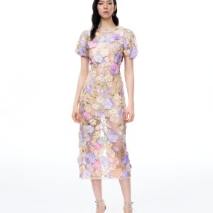 Alaric Round Neck 3D Floral Embroidered Maxi Dress - Pastel Multi