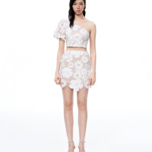 Ophelia One-shoulder Embroidered Iace Dress Suit - White