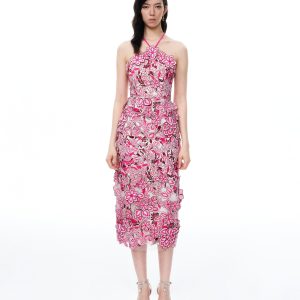 Fiora Halter Neck Floral Embroidered Maxi Dress - Rose Red