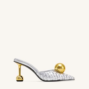 Sofia Woven Sphere Heel Mules - Silver & Gold