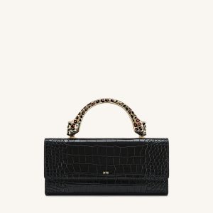 Maya Leopard-Shaped Hardware Handle Top Handle Bag - Black Croc