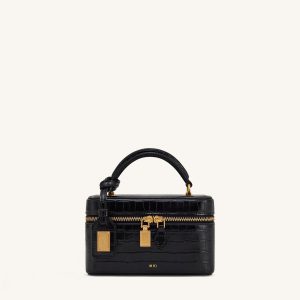 Cleo Box Shape Top Handle Bag - Black Croc
