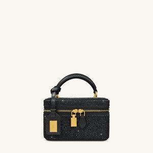Cleo Artificial Crystal Box Shape Top Handle Bag - Black