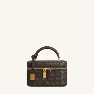 Cleo Woven Texture Box Shape Top Handle Bag - Dark Brown
