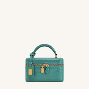 Cleo Box Shape Top Handle Bag - Green Croc