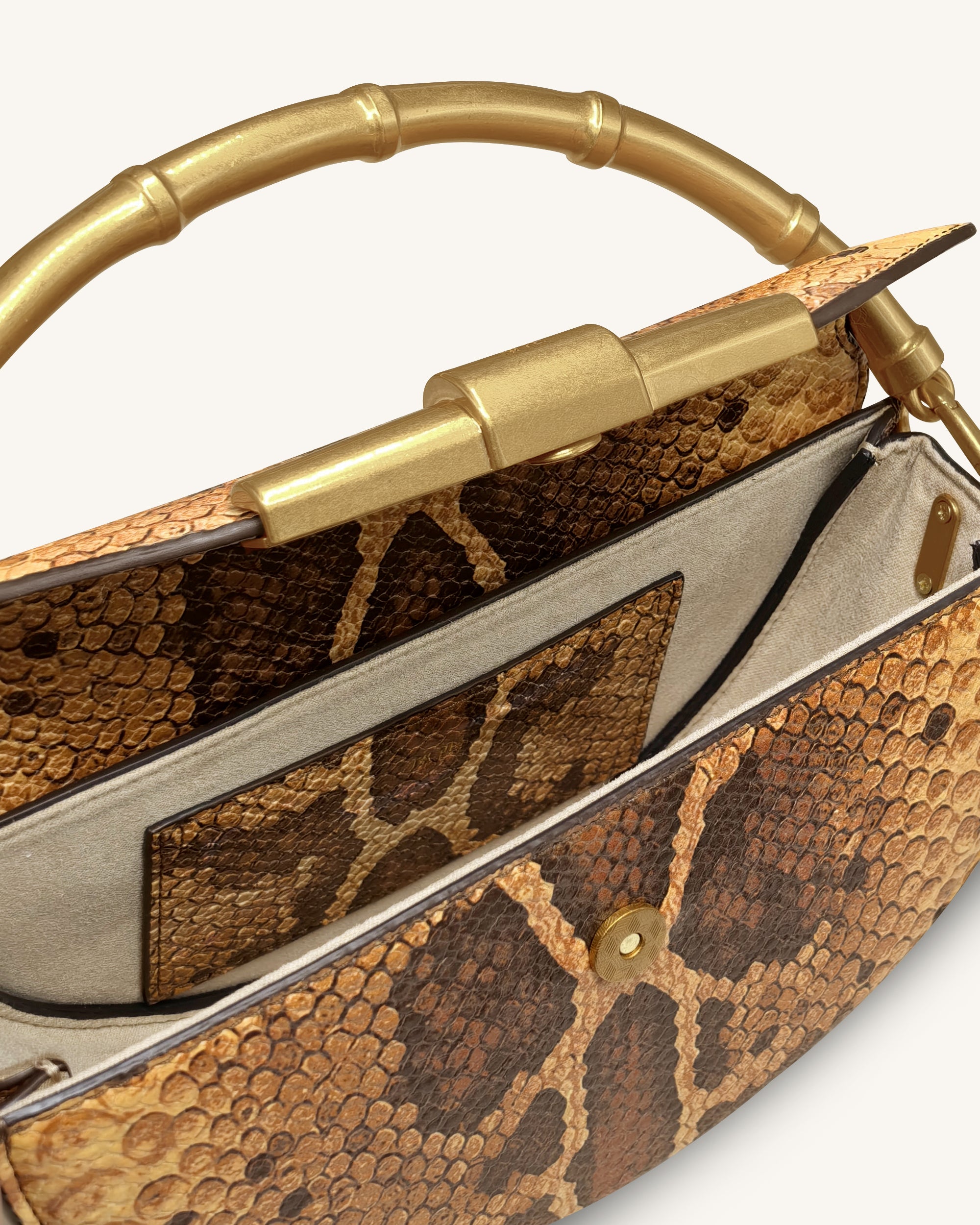 Sylvie Snake Print Half-Moon Top Handle Bag - Yellowish Brown - Image 4