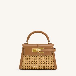 Elise Faux Bamboo Woven Top Handle Bag - Brown