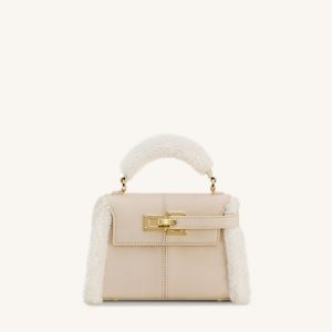 Elise Faux Suede Shearling Trim Top Handle Bag - Taupe
