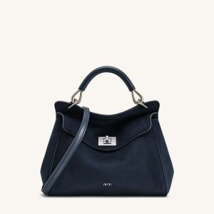 Lucia Classic Faux Suede Top Handle Bag - Navy Blue
