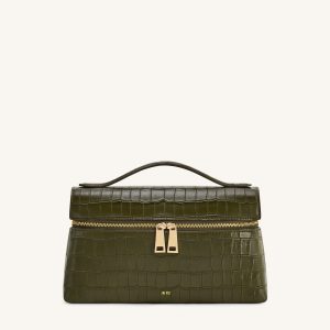 Thea Croc-Embossed Top Handle Bag - Olive Green