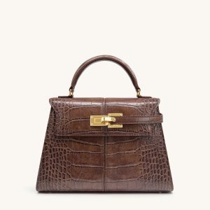 Elise Large Croc-Embossed Top Handle Bag - Chestnut Brown
