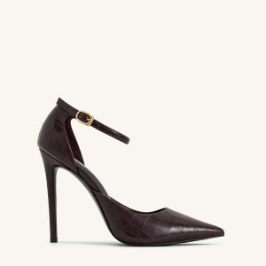 Leah Croc-Embossed Ankle Strap Heels - Burgundy