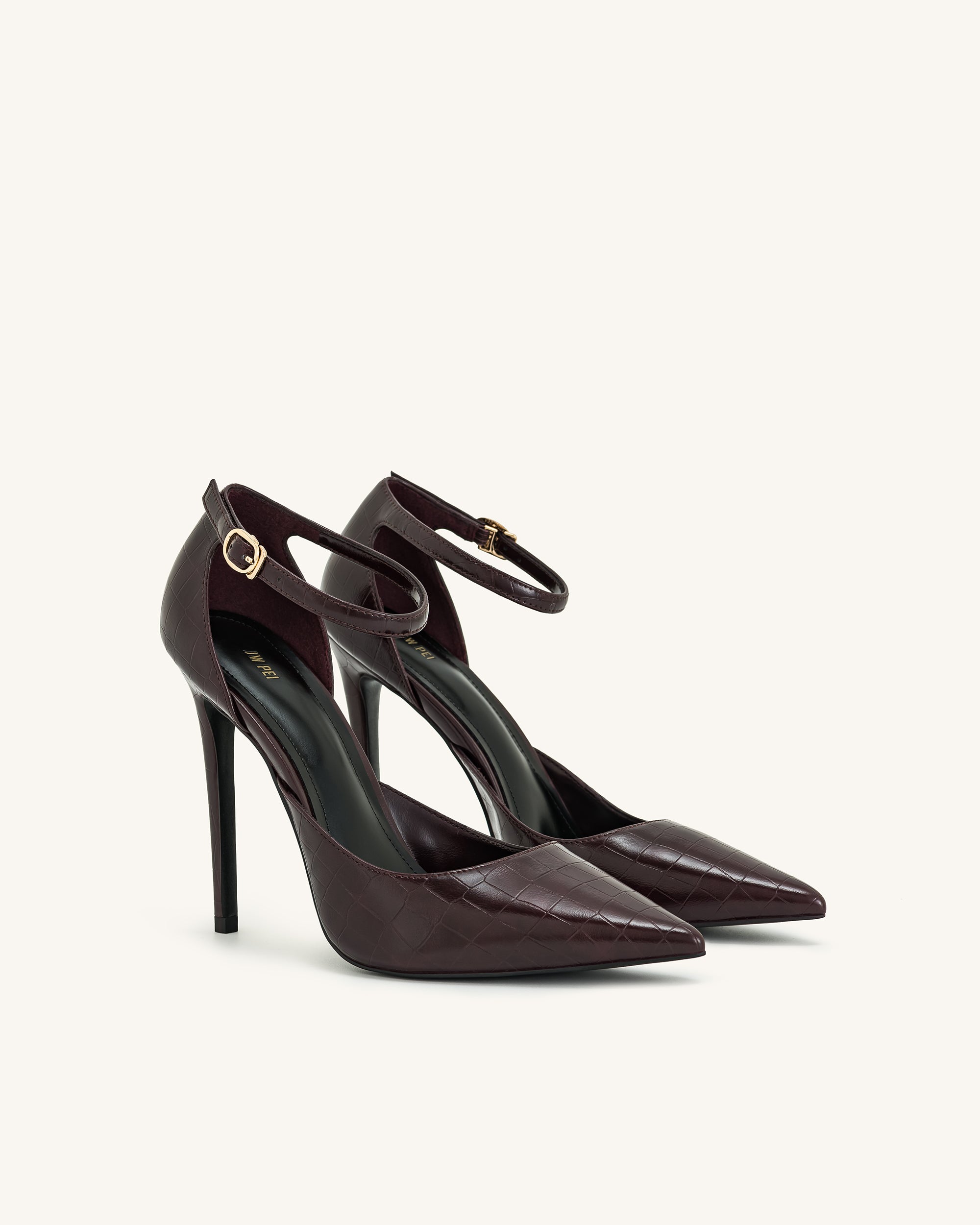 Leah Croc-Embossed Ankle Strap Heels - Burgundy - Image 2