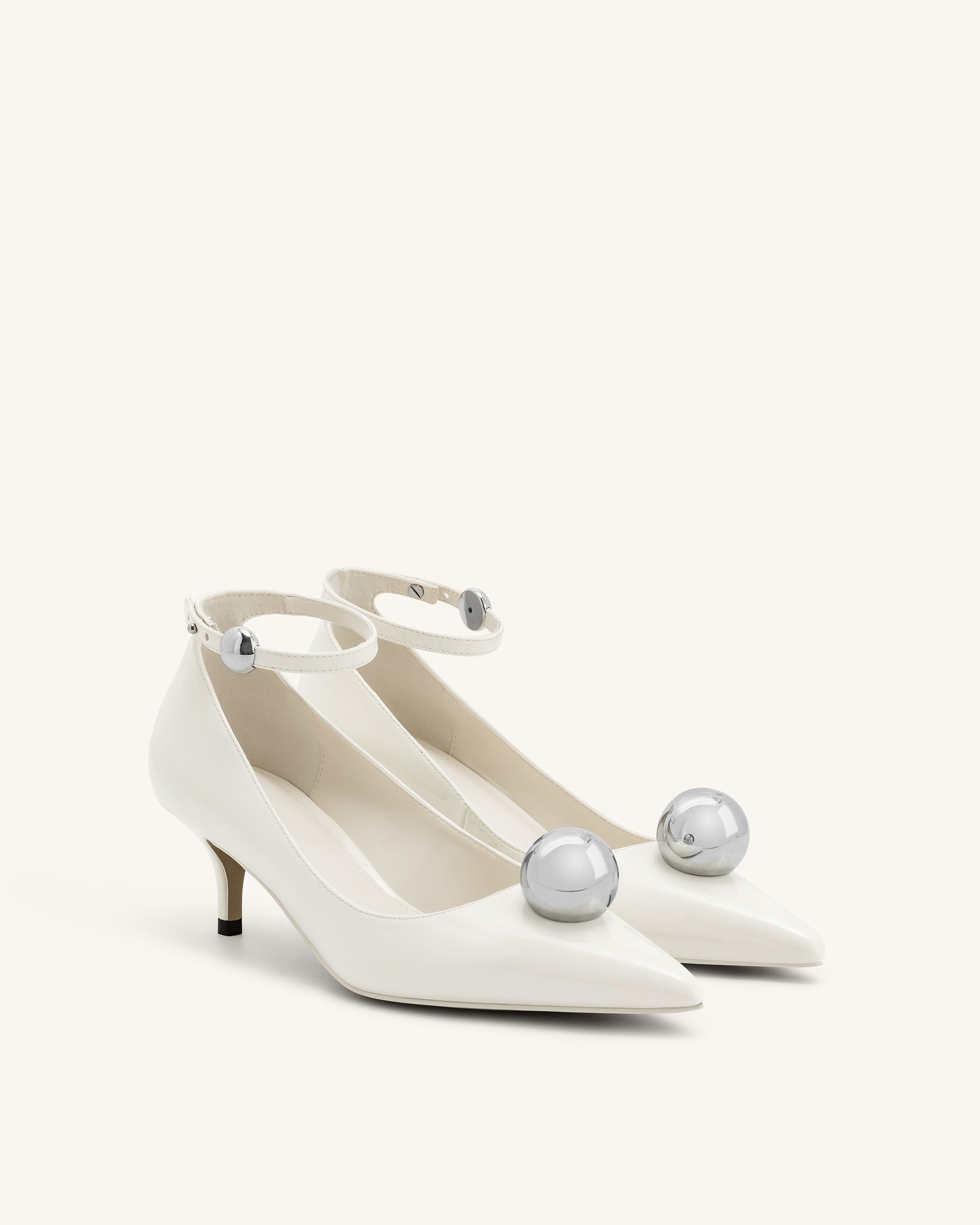 Jewel Buckle Kitten Heels Pumps - White - Image 2