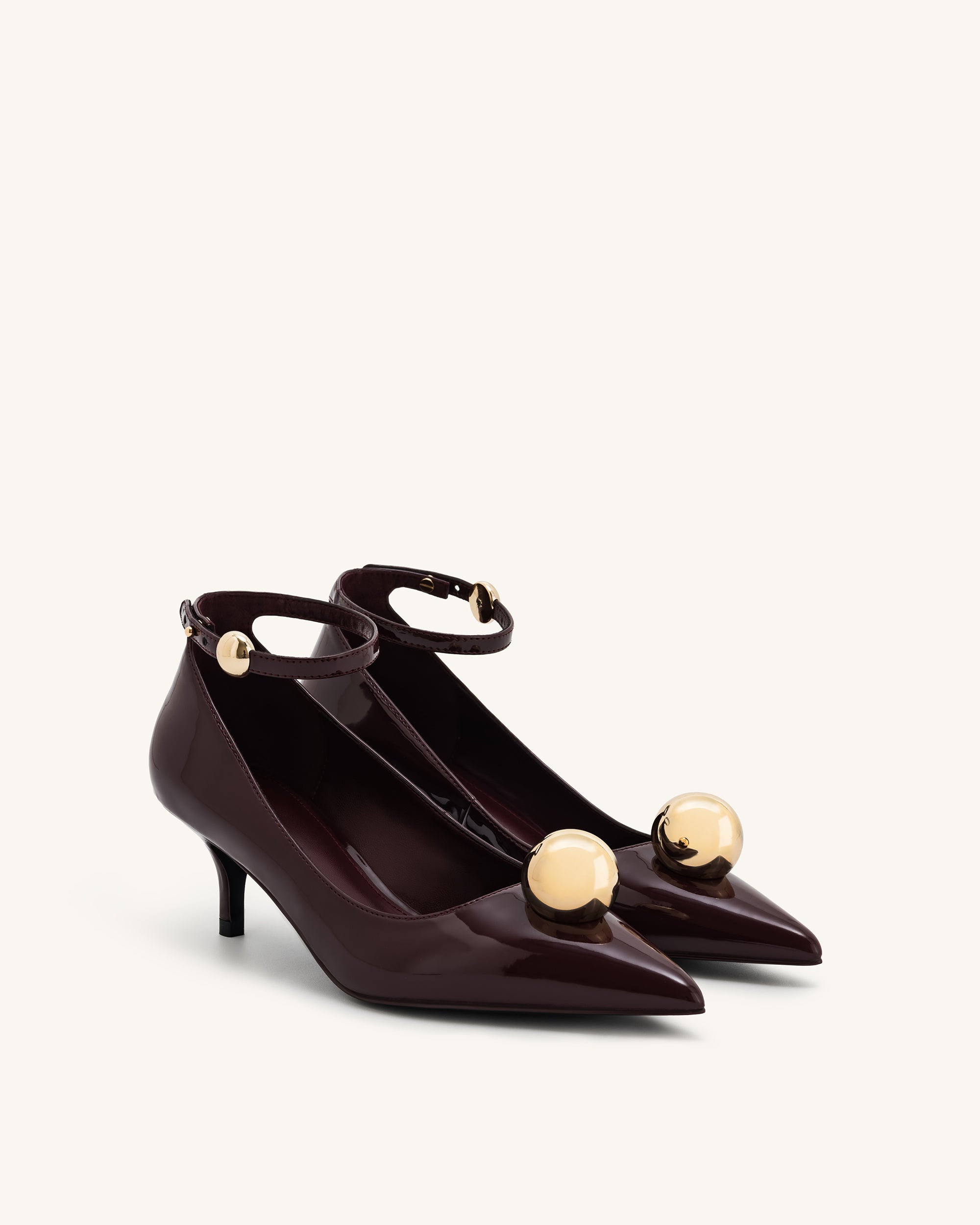 Jewel Buckle Kitten Heels Pumps - Claret Red - Image 2