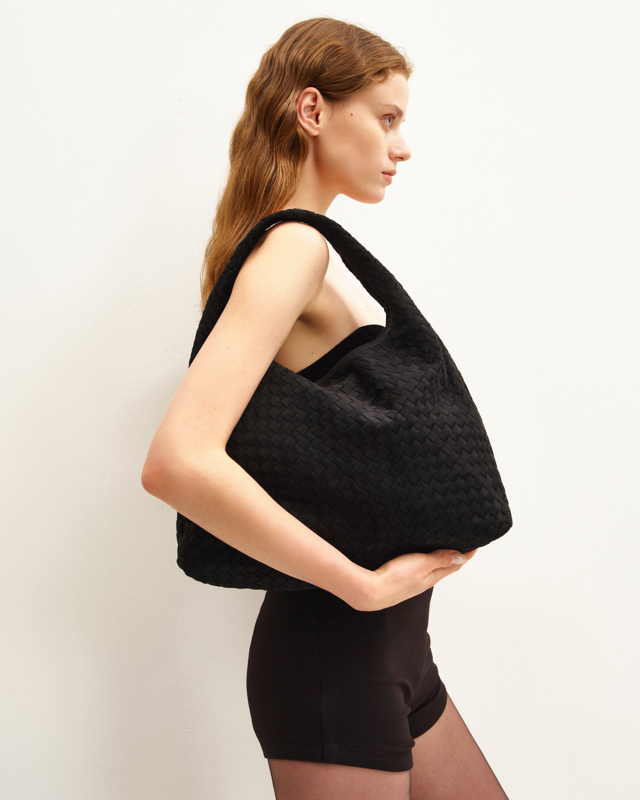Iaura Faux Suede Woven Shoulder Bag - Black - Image 2