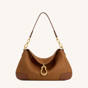 Jayla Faux Suede Metal Pendant Embellished Shoulder Bag - Brown