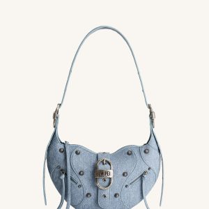 Tessa Denim Embossed Shoulder Bag - Blue