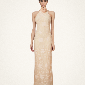 Uliana Pink Beige Floral Lace Halterneck Maxi Dress - Pink Beige