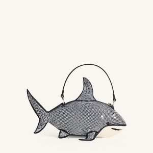 Nerys Artificial Crystal Shark Top Handle Bag - Black
