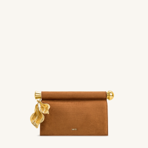 Holly Faux Suede Metal Pendant Embellished Clutch - Brown