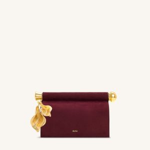 Holly Faux Suede Metal Pendant Embellished Clutch - Reddish Brown